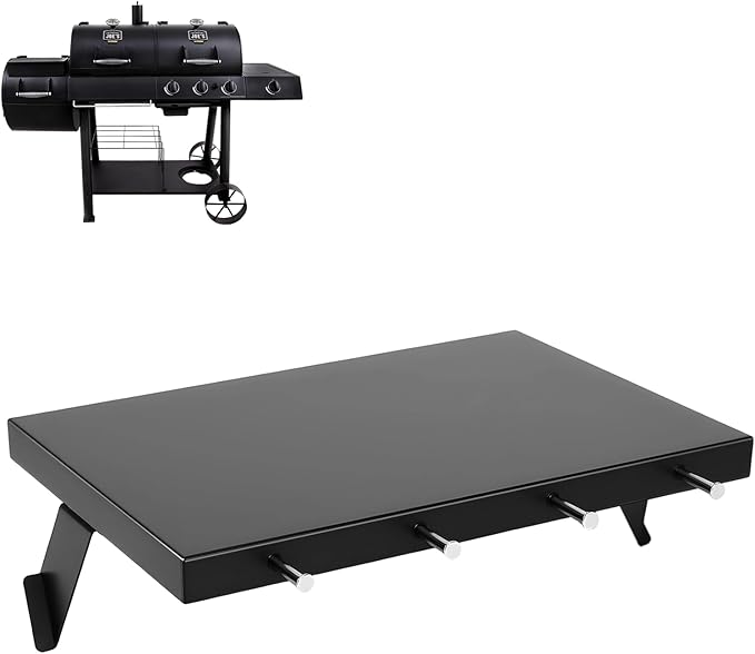 Utheer Front Shelf for Oklahoma Joe's Longhorn Combo 3-Burner Charcoal/Gas Smoker Grill, Heavy-Duty Steel Oklahoma Joe Grill Parts with 4 Tool Hooks, 17.6" x 12.1" Replacement Accessories