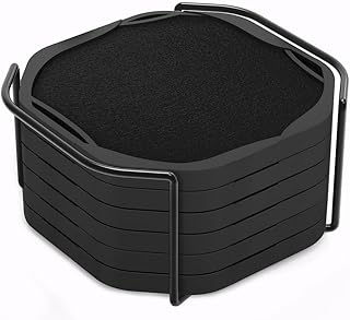 UMIRRO Black Octagon 4" Felt & Silicone Drink Cup Coasters Set of 6 with Holder - Super Absorbent, Built-in Leak Protection, Non-Stick, Modern Coasters for Coffee Table, Desk & Home Decor