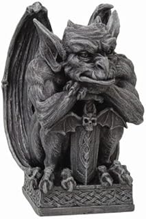 PTC Gargoyle with Shield Statue, Cold Cast Resin Figurine, Light Grey/Beige