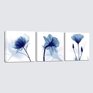 Wieco Art Blue Abstract Flowers 3 Panels Giclee Canvas Prints Wall Art Modern Pictures Artwork for Living Room Bedroom and Home Decorations