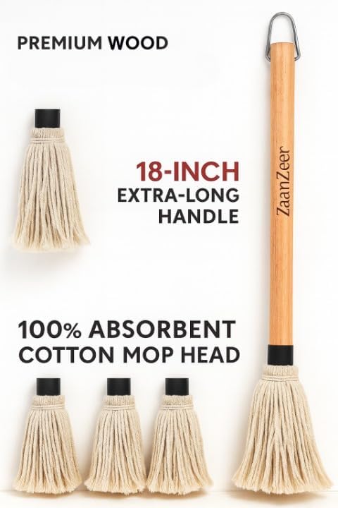 BBQ Mop Brush with 4 Replaceable Cotton Heads – 18" Extra-Long Wooden Handle Grill Basting Mop for Barbecue Sauces, Marinades & Butter – Professional Pitmaster Basting Brush
