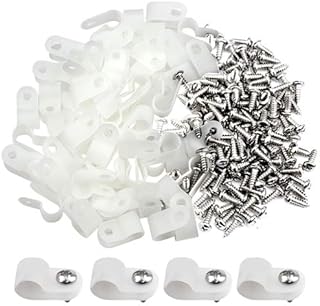 100pcs White Nylon R-Type Cable Clamps Fastener for 1/8 Inch (3.2mm) Dia Wire Tube Plastic Wire Cord Clip Fixer with 100 Pack Screws for Wire Management