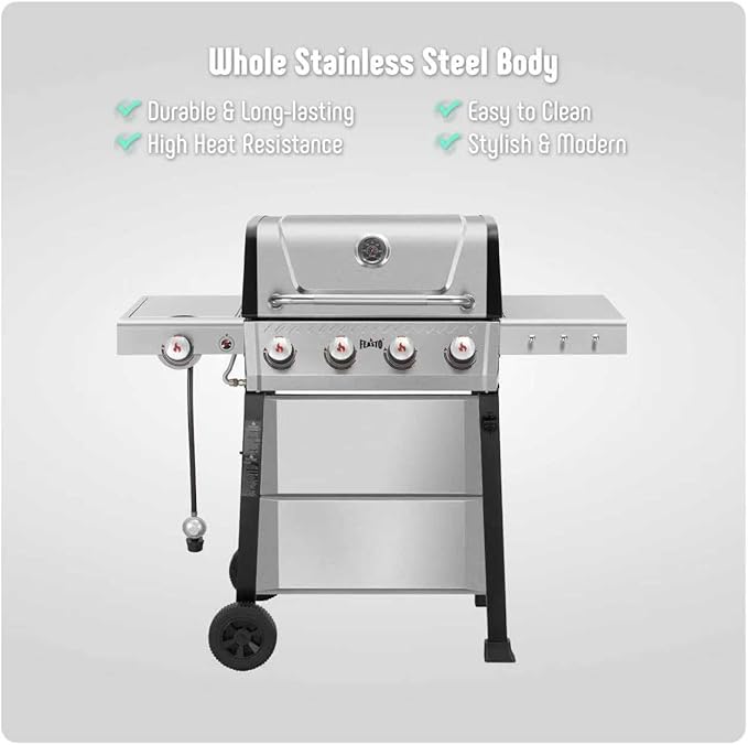 Feasto Propane Gas Grill, 36,000 BTU Outdoor Patio BBQ, Porcelain-Enameled Cookbox & Porcelain-Enameled Cast-Iron Grates, 559 Sq. In., Black (Black, 4) (Stainless Steel)