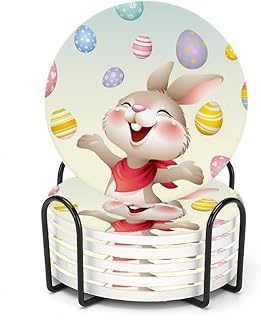 LOKMU 6 Pcs Round Absorbent Ceramic Stone Coasters for Drinks, with Metal Holder Stand, Smiley Bunny with Easter Eggs Coasters with Cork Base for Coffee Wooden Table Housewarming Gifts