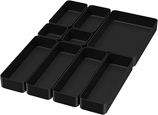 9 Pcs Stackable Drawer Organizer Trays Set, Multifunctional Stackable Storage Trays for Vanity, Bathroom, Kitchen, Desk Drawer Organizer Office. Plastic Drawer Organizers Available In 5 Colours, Black