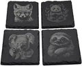 Natural Black Slate Decorative Square Coasters (Set of 4) – Laser-Engraved Animal Designs, Premium Stone Drink Coasters for Entertaining, Coffee Table Decor & Gift Giving