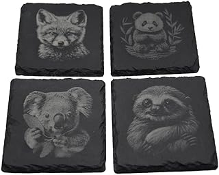 Natural Black Slate Decorative Square Coasters (Set of 4) – Laser-Engraved Animal Designs, Premium Stone Drink Coasters for Entertaining, Coffee Table Decor & Gift Giving