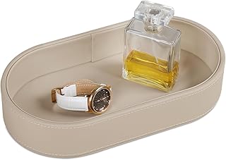 Oval Desk Valet Tray, PU Leather Perfume Dish Bowl for Keys Wallet Watch, Decorative Trinket Vanity Jewelry Tray, Entryway Nightstand Organizer Women Men (Beige)