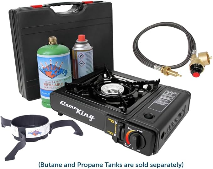 Flame King YSNVT-505-B Dual Fuel Butane & Propane Gas Camping Stove with Single Burner, Portable and Great for Outdoor Cooking, Backpacking, Hiking, & Emergency