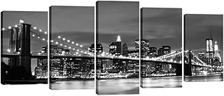 Wieco Art New York Brooklyn Bridge Canvas Wall Art Night View 5 Panels Modern Landscape Artwork Canvas Prints Abstract Pictures to Photo Canvas Wall Decor for Home & Office Decorations