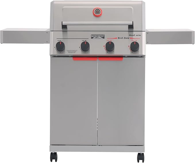 Monument Grills 4 Burner Stainless Steel Propane Mesa 2 Gas Grill, 500°F in 5 Mins, 525 sq.in, 37,000 BTU, with Broil Zone, Foldable Side Shelves, Knob Controls, Built in Thermometer, Mesa II 410BZ
