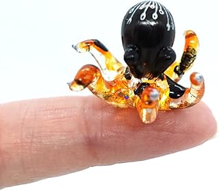 Octopus Tiny Micro Figurines Hand Blown Color Glass Art Animals Collectible Gift Home Decor (Black Orange)