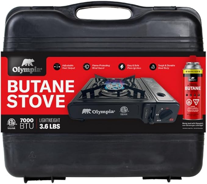 Olympia Outdoor Camping Stove - 7,000 BTU Butane Burner, Piezo Ignition, Carry Case