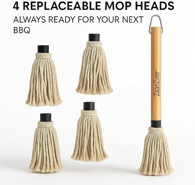 BBQ Mop Brush with 4 Replaceable Cotton Heads – 18" Extra-Long Wooden Handle Grill Basting Mop for Barbecue Sauces, Marinades & Butter – Professional Pitmaster Basting Brush