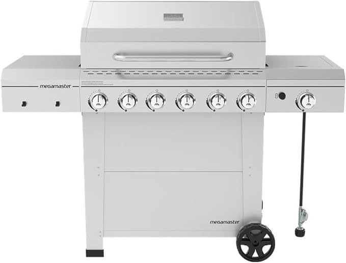 Megamaster Stainless Steel 6-Burner Propane Gas Grill with Side Burner, Barbecue Grill with Temperature Gauge, 66,000 BTUs, 737 SQ. In. Cooking Area, Outdoor BBQ Grill for Backyard Patio - 720-0983CB