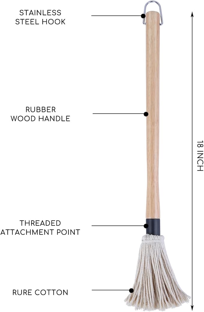Donxote 18 Inch BBQ Mop Brush Set of 2, with 6 Extra Replacement Heads, Wooden Long Handle Cotton Head Mopping Basting Grill Sauce Perfect for Grilling Smoking Steak Marinade or Glazing