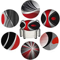 HUXJOKO Coasters for Drinks Set of 6,Modern Red Black Geometric Absorbent Ceramic Coaster,Round Stone Mat,with Cork Base and Metal Holder for Coffee Table Room Bar Home Decor Housewarming Gifts