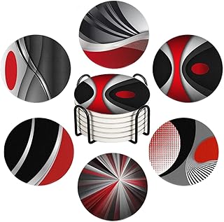 HUXJOKO Coasters for Drinks Set of 6,Modern Red Black Geometric Absorbent Ceramic Coaster,Round Stone Mat,with Cork Base and Metal Holder for Coffee Table Room Bar Home Decor Housewarming Gifts