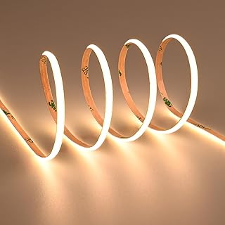 TOPAI 4mm Ultra Thin COB LED Strip 3000K Warm White 16.4ft, DC 12V Dotless High Density 400LEDs/M 7W/M, CRI>90 Cuttable Flexible with 3M Adhesive for Cabinet Room Shop DIY Lighting
