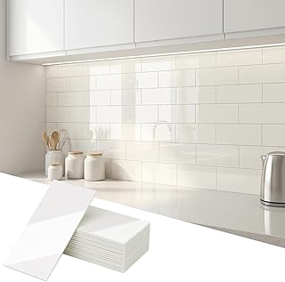 Yipscazo Peel and Stick backsplash 3 x 6 Inches 3D PVC Composite Wall Tile Stick on Backsplash Tile for Kitchen Bathroom, Laundry Room, Fireplace(Polished Cream White, 32 Pieces)