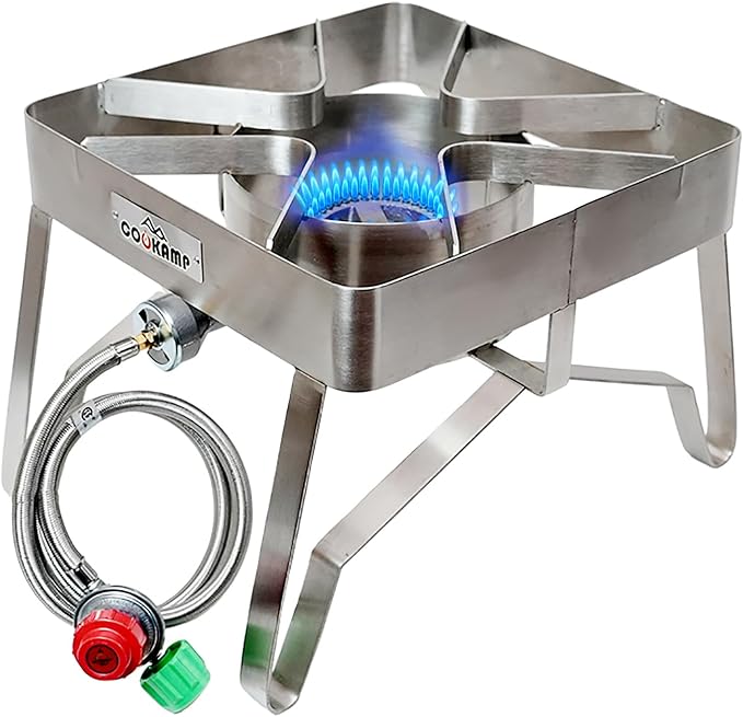 COOKAMP Stainless Steel High Pressure 1-Burner Outdoor Propane Gas Cooker with 0-20 PSI Adjustable Regulator and Steel Braided Hose (Stainless Steel-SA1300)