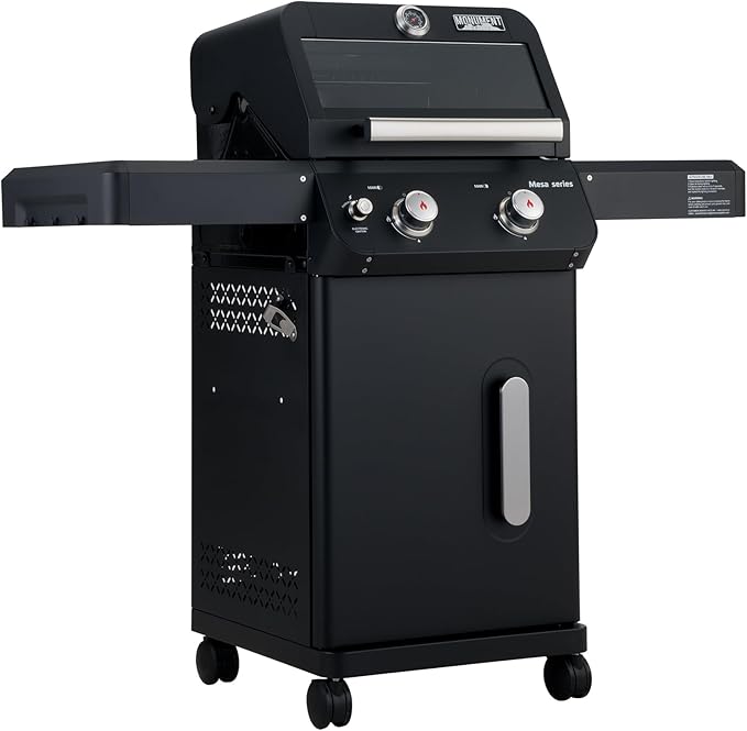 Monument Grills 2-Burner Stainless Steel Liquid Propane Gas Grill, Two Foldable Shelves Patio Garden Barbecue Grill with Clearview® Lid, Knob Control Mesa220, Black