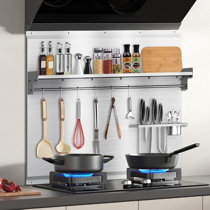 42 x 30 Inch Stainless Steel Backsplash with Shelf & Knife Rack - Stove Backsplash for Oven & Range | Stainless Backsplash with Pre-Drilled Holes - Easy Install