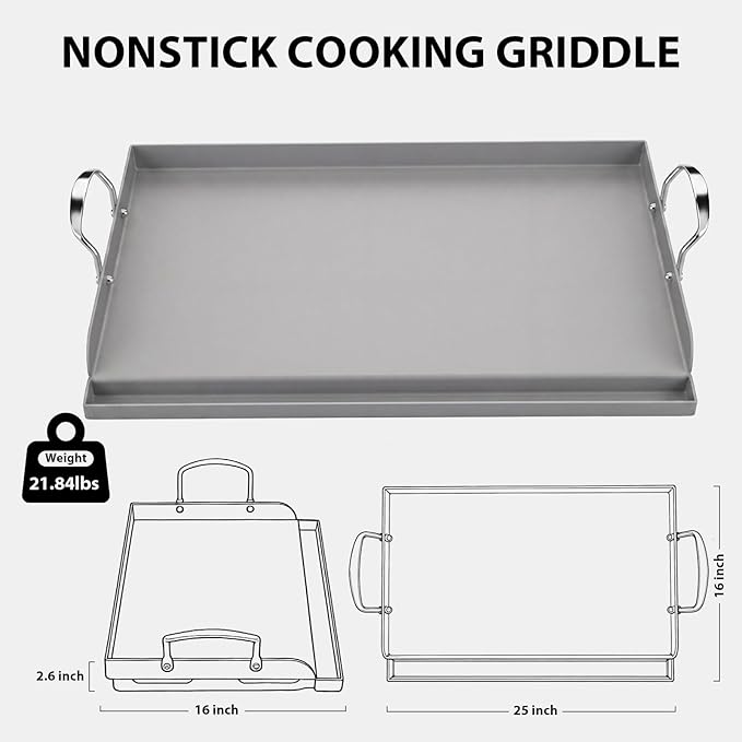 Utheer Cast Iron Griddle for Gas Grill, 25" x16" Flat Top for Outdoor Grill Rectangular Plate with Removable Handles for Charcoal Camping, Tailgating, and Parties