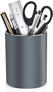 RQB Metal Pen Holder for Desk Round Aluminum Desktop Organizer and Makeup Brush Holder Storage Box for Office, School, Home, and Kids, Non-slip silicone bottom3.9×3.14inch (Grey)
