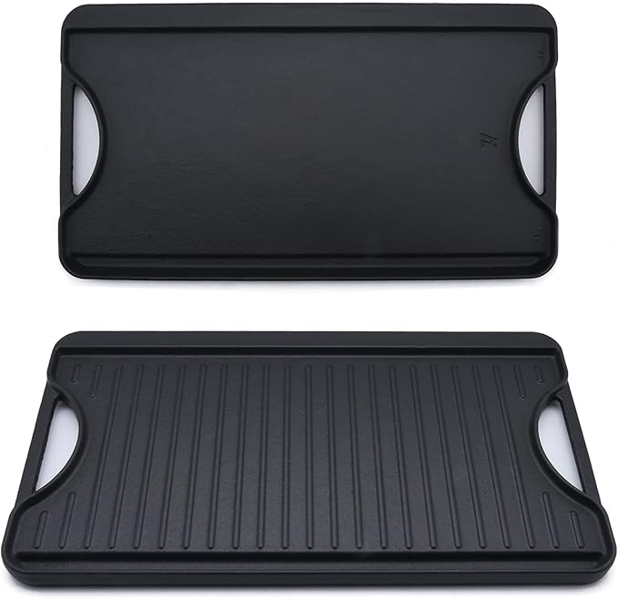 GasSaf Reversible Cast Iron Griddle, 18.5 x 10 Inch Double Sided Cooking Surface, Heavy-Duty Gas Grill Pan, Flat & Ribbed Griddle Pan for Double Burner Stovetop, Oven, Grill & Campfire