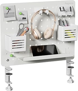 PEGZONE Clamp-on Desk Pegboard, Desk Organizer for Office Gaming Home, Magnetic Metal Peg Board with 10 Accessories, Privacy Panel for Office, 16.5" x 12.6", Medium, White