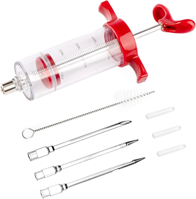 Turkey Meat Injector Syringe Kit with 3 Marinade Needles for BBQ Grill Smoker, 1 Cleaning Brush, 1.7 Oz/50 ml Large Capacity Injector Marinades for Meats Red