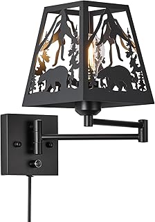 Rustic Dimmable Plug in Bear Wall Sconces, Swing Arm Wall Lamp with Plug in Cord and On/Off Dimmer Rotary Switch Suitables for Bedside, Bedroom, Living Room, Reading, Hallway