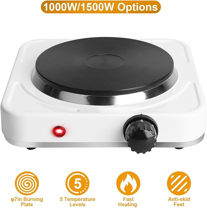7” Electric Single Burner, 1500W Portable Stainless Steel Countertop Hot Plate Stove Cooktop with Non Slip Rubber Feet for RV/Home/Camp, 5 Temperature Adjustments