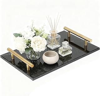 MAOPINER Marble Stone Decorative Perfume Tray with Copper Color Metal Handles, Handmade Jewellery Catchall Trinket Tray for Counter, Vanity, Dresser, Nightstand and Desk (Black)
