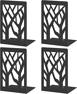 VFINE 4-Piece Modern Metal Bookends for Shelves, Black Tree Book Ends for Books, Decorative Book Organizer for Desk, Non-Skid Shelve Bookends for Home Office