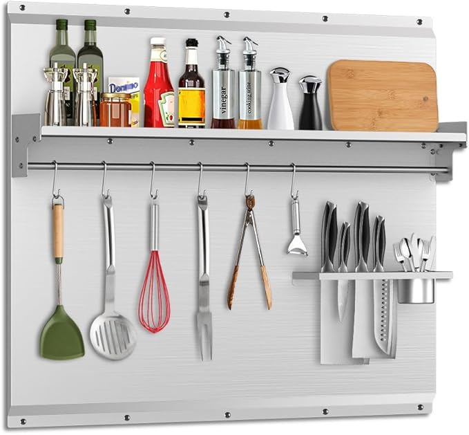 48"x 30" Stainless Steel Backsplash, Range Backsplash with Storage Shelf & Knife Rack, Stainless Steel for Stove Wall Shield with Pre-Drilled Holes