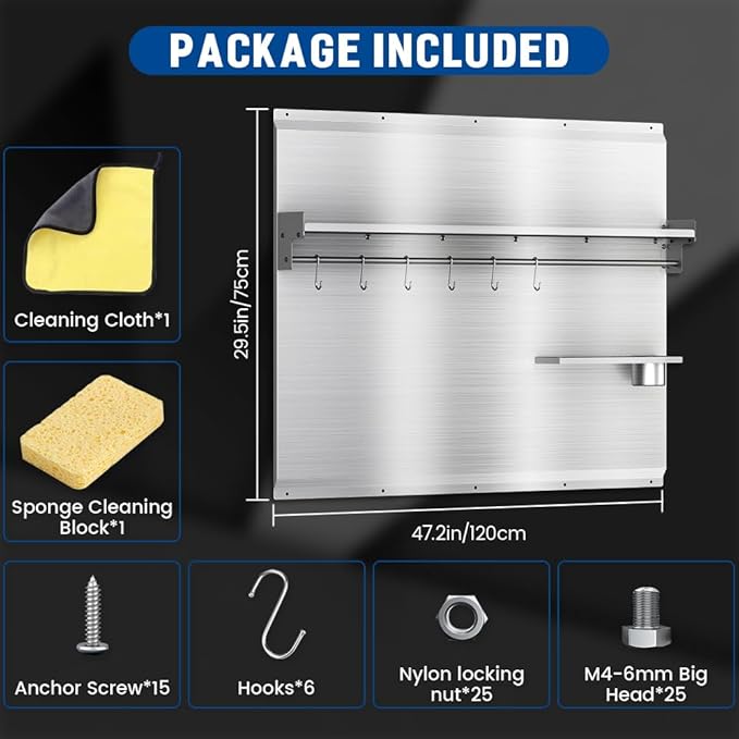 48"x 30" Stainless Steel Backsplash, Range Backsplash with Storage Shelf & Knife Rack, Stainless Steel for Stove Wall Shield with Pre-Drilled Holes