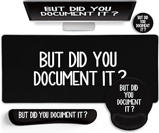 LIMKRIAN Black Mouse Pad Large Desk Mat Set, Funny Mouse Pad with Wrist Rest Keyboard Wrist Support XXL Mousepad Cup Coaster Set, Cute Office Desk Accessories Decor Supplies But Did You Document It
