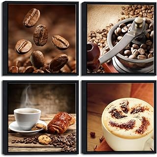 Wieco Art Black Framed 4 Panels Canvas Wall Art Coffee Bean Kitchen Canvas Prints Wall Art for Living Room Decor Bedroom Home Bathroom Wall Decor