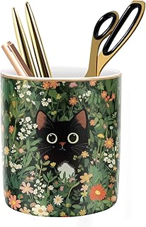 Black Cat Pen Holder for Desk Accessories, Durable Ceramic Pencil Organizer Decor for Room, Office, Classroom, Cat Lover Gifts