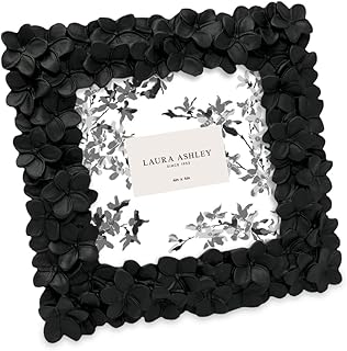 Laura Ashley 4x4 Black Flower Textured Hand-Crafted Resin Picture Frame w/Easel & Hook for Tabletop & Wall Display, Decorative Floral Design Home Décor, Photo Gallery, Art (4x4, Black)