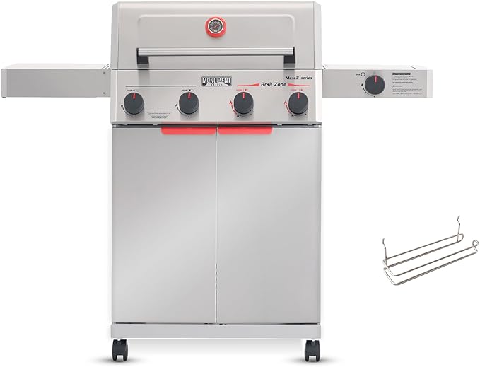 Monument Grills 4+1 Burner Stainless Steel 525 sq.in Propane M2 Gas Grill, 49,000 BTU, 500°F in 5 Mins, Outdoor Patio Grill with Broil Zone, 1 Side Burner, Foldable Side Shelf, with Paper Towel Rack