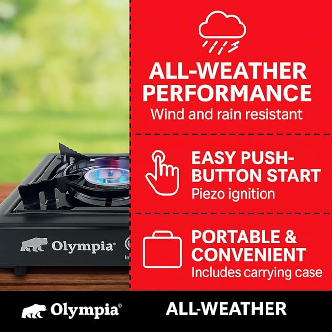 Olympia Outdoor Camping Stove - 7,000 BTU Butane Burner, Piezo Ignition, Carry Case