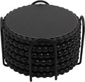 GENMOUS Coasters Set of 6 for Drinks with Metal Holder, Farmhouse Wooden Bead Coasters, Absorbent Square Handmade Rustic Cute Cup Coffee Coaster for Home Kitchen Table Décor Gift Black