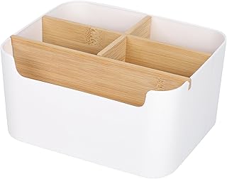 Segarty Desk Storage Box, Divided Bamboo Desktop Organizer, Pencil Holder, Detachable Pen Holder, Remote Control Holder, Cell Phone Box, Modern Wooden Desk Side Organizer for Office Home Accessories