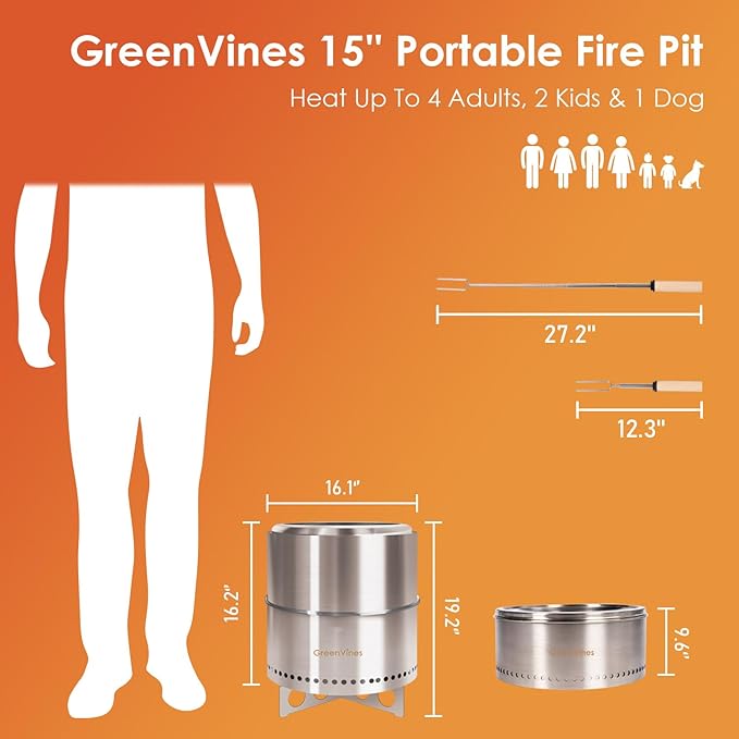 GREENVINES Smokeless-Firepit | 15-Inch | Stainless-Steel-Fire-Pit | Portable Outdoor Pits with Stand for Camping | Solo Wood Burning Bonfire | Low Smoke Stove | Bag & Sticks & Holders