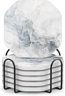 UMIRRO Ceramic Stone Coasters for Drinks Absorbent with Holder for Wooden Coffee Table, Stoneware Cup Coasters for Iced Cold or Hot Drinks, White Marble Style, Gold, 4" Set of 6