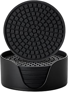 Colinda Silicone Drink Coasters with Holder, Set of 6, Outdoor Cup Mat for Hot or Cold Drinks, Thickened, Non-Slip,Non-Stick, Black