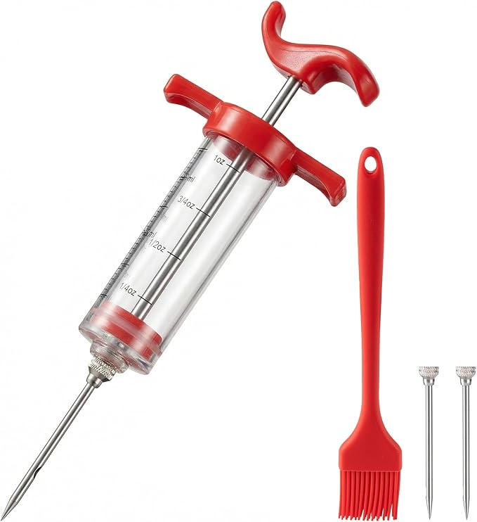 Li&Zhao Meat Injector Syringe Kit - 1-Oz Capacity with 3 Stainless Steel Needles, Cleaning Brush, Silicone Basting Brush-Essential Turkey Baster Syringe for Moisture-Infused BBQ, Smoked Meats, Pork